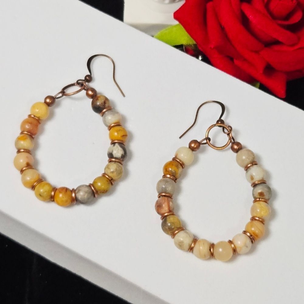 Natural Stone Beaded Hoop Earrings | Earth Tone Boho Dangles Natural Festival